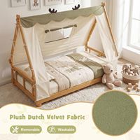 Cama individual de diseño rústico con tela de terciopelo holandés, cama de suelo de madera para niños con forma de casa, con ventana, valla y barandillas de seguridad