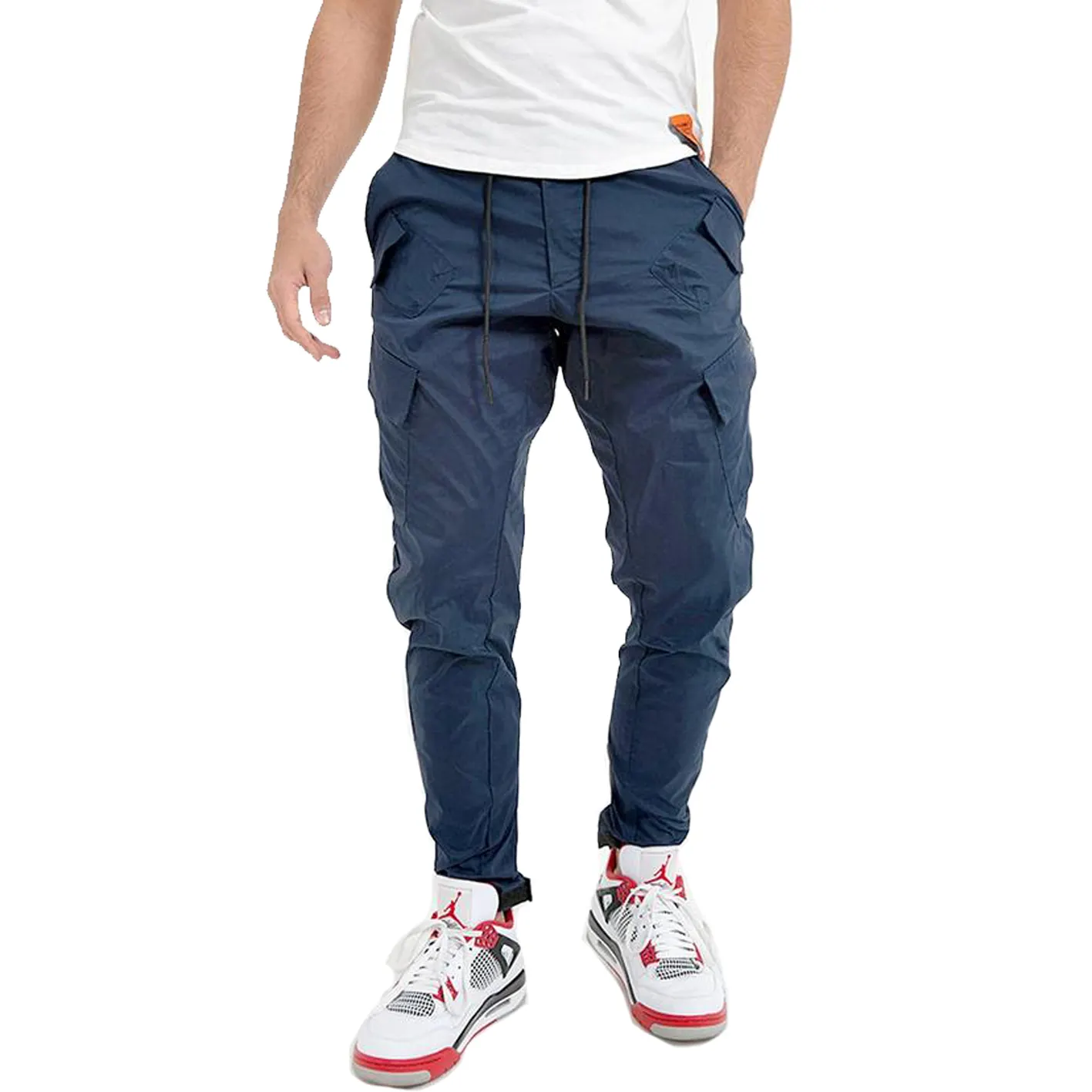 new design men navy blue nylon polyester cargo multi flap pockets joggers casual trousers for male