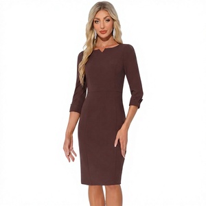 Vestido de Fiesta Formal Moderno para Mujer, Color Chocolate, Largo hasta la Rodilla, Cuello en V, Cintura Alta, Silueta Ajustada, Manga Tres Cuartos - Product Image 4