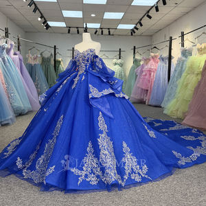 Vestido de Gala Formal de Gasa con Escote Corazón y Apliques Brillantes Azul Rey para Fiesta de Quinceañera Dy20292, 100% Algodón Natural - Product Image 6