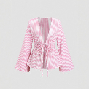 Chemise élégante pour femme TP5, haut à col en V profond, manches bouffantes, rayée, à nouer devant, en popeline tissée, style vintage pour le bureau/le quotidien, été - Product Image 1