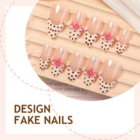 Vente en gros de faux ongles en amande à pois et fleurs 3D, collection Printemps-Été, 30 pièces, rose nude, French manucure, peints à la main, chic