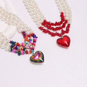 แฟชั่นสร้อยคอจี้มุกเทียมหลายชั้นรูปหัวใจสีสันสดใสสีแดงโบฮีเมียนวินเทจเครื่องประดับปาร์ตี้ - Product Image 1