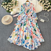 Boutique-Mode 2026 Sommer Neues Französisches Romantisches O-Ausschnitt Langarm Locker Sitzendes Kleid mit Natürlicher Taillenlinie und Umweltfreundlichem Chiffon-Print