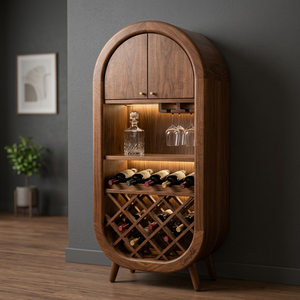 Modern Solid Mango Wood <b>Wine</b> <b>Cabinet</b> with Glass Rack Arched Design Bottle <b>Storage</b> for Home Bar Display - Product Image 4