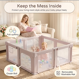 Enclos de jeu pliable pour bébé et tout-petit avec coussin, balles océaniques, anneaux de traction, en tissu Oxford respirant et doux, panneau de jeu intérieur/extérieur - Product Image 2