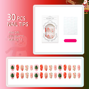 30 faux ongles de Noël à presser, motif amande, avec sapin de Noël et nœud doré, style français, manucure festive pour les fêtes, très demandés - Product Image 2