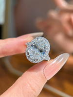 Cincin Berlian Oval 2 Karat Emas Putih 18K dengan Halo, Warna DEF, Kejernihan VVS, Berlian Buatan Laboratorium CVD