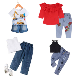 Nouvelles tenues d'été pour filles et garçons, vêtements pour enfants, ensembles de vêtements en coton pour enfants avec t-shirt, short en jean, pantalon - Product Image 4