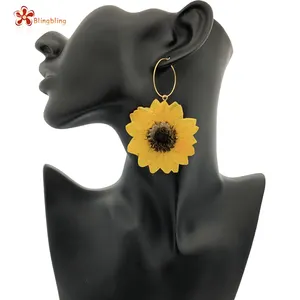 18 18kゴールドエポキシReal Sunflower Resinで太陽の花のイヤリング5センチメートルに8センチメートル