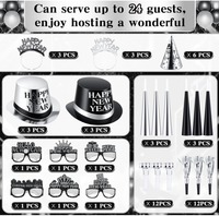 Accessoires de fête du Nouvel An Noir et Argent : Chapeau haut-de-forme, Bandeau, Guirlande, Sifflet, Klaxon, Lunettes, Accessoires photo et Articles de fête