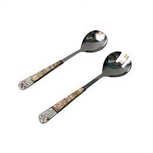 Eco Material Metal <b>Buffet</b> Serving Spoon and Fork Wholesale Set Wood Resin Handle Silver Salad <b>Server</b> Set Serving Spoon Fork Set - Product Image 1