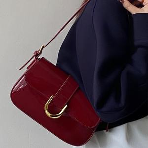 High-End Hong Kong Retro Style Women's Messenger <b>Bag</b> Burgundy Horseshoe Buckle <b>Small</b> Square <b>Bag</b> Underarm for Baguette for - Product Image 3