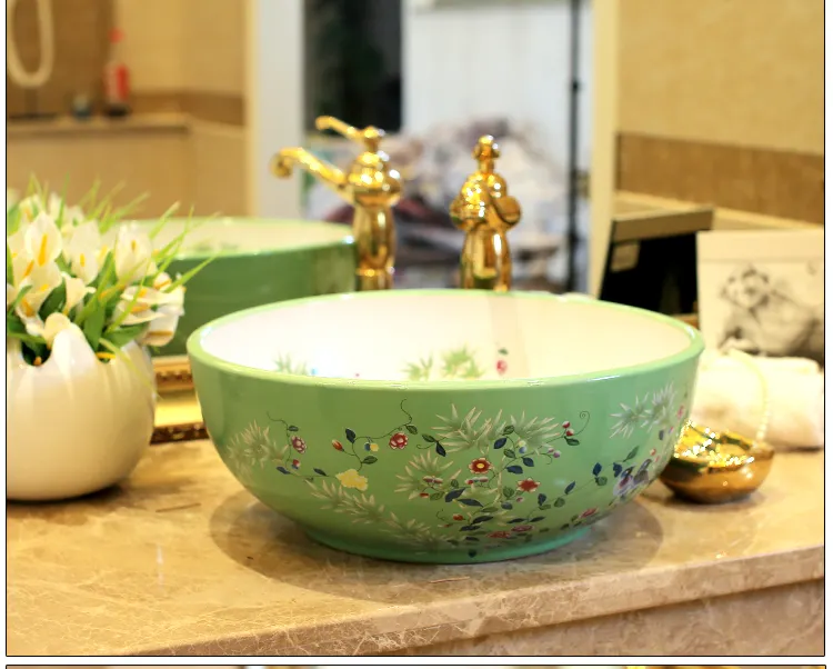 Pemasok Tiongkok buatan tangan wastafel kamar mandi bulat bunga dan pola burung berwarna-warni dekoratif baskom Cuci keramik untuk dijual