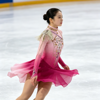 Costume de patinage artistique rose et magenta dégradé, robe en maille à manches longues avec strass pour filles adultes, compétition et performance