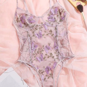 New European and American style women's tie-up water-soluble embroidered flower <b>bodysuit</b> with U-<b>shaped</b> back, see-through sexy - Product Image 4