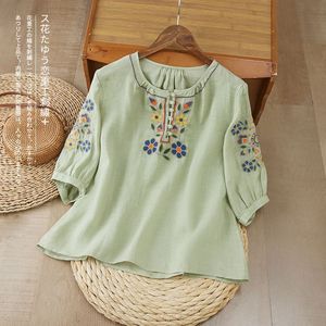 Embroidered Mid Sleeve Cotton Linen Top Women's Loose Round Neck Pullover Floral Print Everyday Wear Pink - Product Image 3