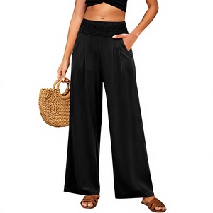 Pantalon large en crêpe noir pour femme, taille haute, élastique, plissé, ample, longueur intégrale, décontracté pour l'été - Product Image 3