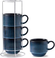 Ensemble de 4 tasses à café en céramique avec support, grandes tasses à latte empilables, compatibles lave-vaisselle et micro-ondes, pour cappuccino, thé, chocolat chaud
