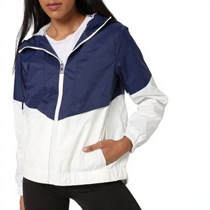 Chaqueta Cortavientos para Mujer con Bloques de Color, Capucha, Manga Larga y Cierre de Cremallera, Blanca y Azul Marino, para Primavera - Product Image 1
