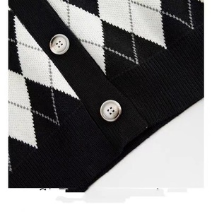 Women's V-Neck Diamond Pattern <b>Cardigan</b> Black Cotton Knitted Sweater Preppy Style Loose Fit <b>Spring</b> 2023 - Product Image 3