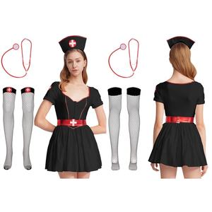 Pakaian pesta Halloween wanita, set kostum perawat 5 potong, gaun pendek kekasih dengan sabuk ikat kepala stetoskop plastik dan stoking - Product Image 2