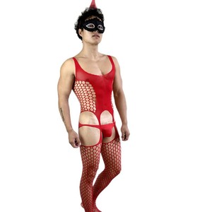 Combinaison en résille rouge pour homme avec décoration en dentelle, costume sexy pour soirée déguisée - Product Image 5