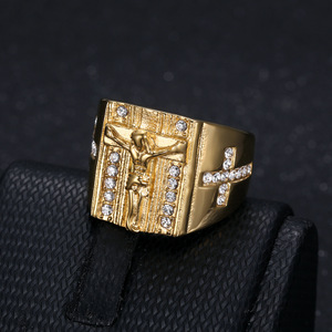 Bague Hip Hop pour Homme, style Signet, avec Croix Crucifix, motif Jésus, en Acier Inoxydable Plaqué Or 18K, entièrement sertie de Zircons, Cadeau - Product Image 2