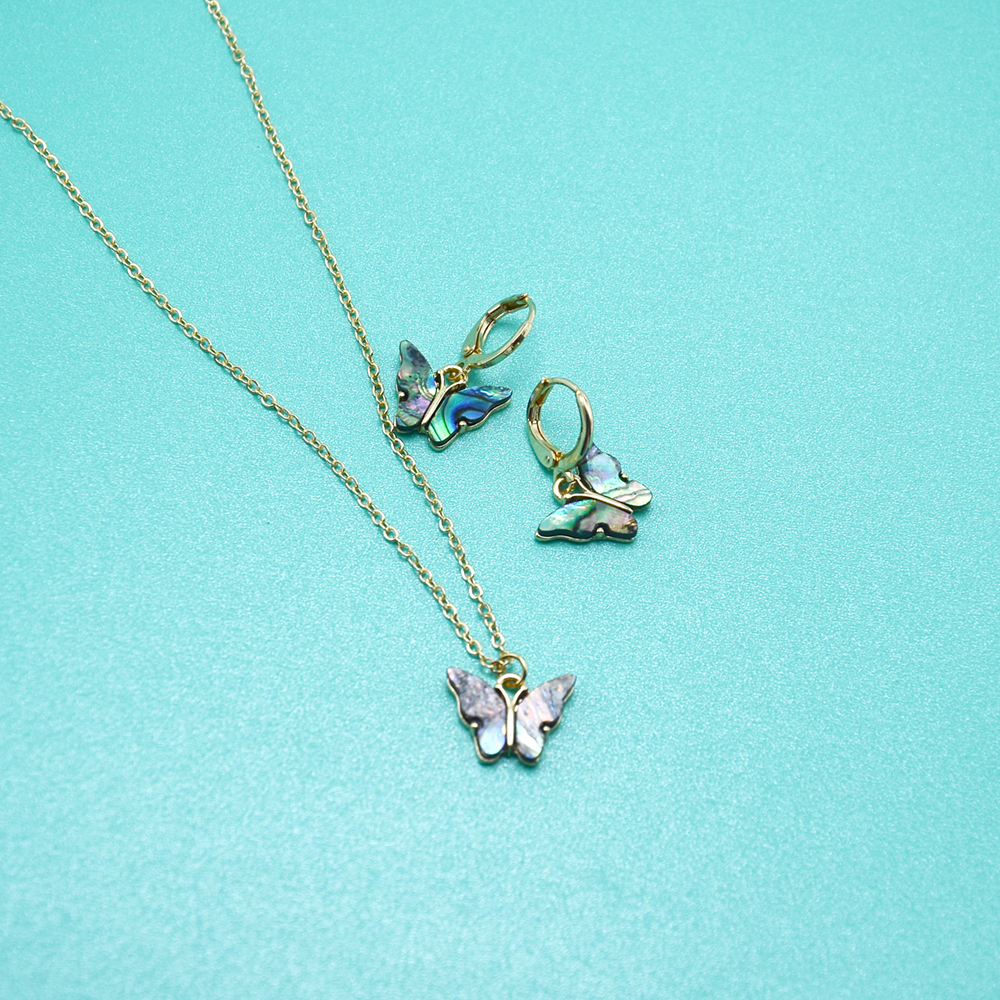 Mode Coquille D'ormeau Papillon Pendentif Ensemble De Bijoux Collier Boucles D'oreilles