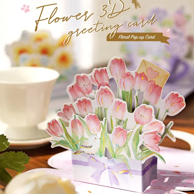 Joytop Wholesale Custom Printed Flower Design Mother's Day Holiday Gift 3D Pop Up Handbag Greeting Cards With Envelope