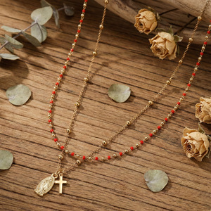 Collier double couche en perles rouges avec médaille Vierge Marie et pendentif croix, bijoux religieux superposés pour femmes - Product Image 1