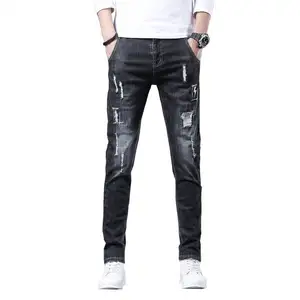 HKNZ Calça jeans masculina preta slim fit rasgada da moda estilo coreano calças elásticas para homens