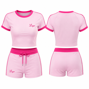 Custom Logo Short <b>Set</b> Women Contrast Trim Crop T Shirt Drawstring Shorts Two Piece Casual Summer Outfit OEM ODM Supplier - Product Image 2