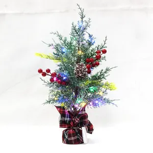 15.7-inch Artificial Mini Christmas Tree With Realistic Spruce LED Lights Solid Cement Coarse Linen Bottom Basin