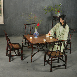 Chinese Style <b>Bamboo</b> Tea Table Set 4 Seater Solid Wood Garden Furniture Outdoor Indoor Use - Product Image 1