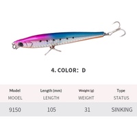 Leurre Bionique en Plastique 31g pour Pêche en Mer, Minnow 105mm, Appât Artificiel Dur pour Poissons d'Eau Salée A9150