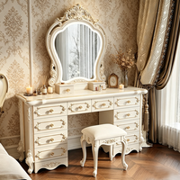 Coiffeuse de style français avec panneaux décoratifs, grande table de maquillage, miroir LED et tabouret – Meubles de chambre à coucher – Vente en gros Chine