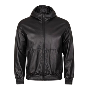 Blouson aviateur en cuir noir pour homme avec capuche amovible, cuir véritable de qualité supérieure, streetwear décontracté, veste d'hiver pour homme - Product Image 1