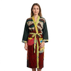 Robe Kimono Vintage Faite à la Main 100% Soie Élégante Bohème à Motifs Floraux Patchwork Manches Longues Séchage Rapide pour Femme Manteau Décontracté - Product Image 1