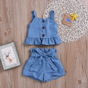 New Fashion Summer Outfit Denim Color 2 Piece Cotton Baby Toddler Children Girl Clothing Sets