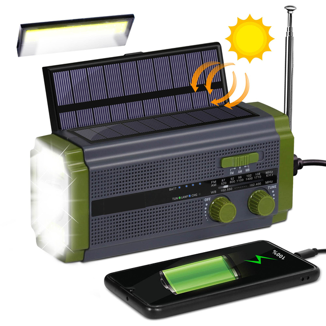 Portable 5000mAh Solar Panels AM/FM/NOAA Emergency Radio SOS Flashlight Hand Crank Rechargeable Battery Speaker Included Radio