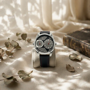 Orologio da Uomo con Doppio Fuso <span class=keywords><strong>Orario</strong></span>, Cassa in Acciaio Lucido, Cinturino in Vera Pelle con Rete Traforata, Stile Industriale Casual, Impermeabile - Product Image 1