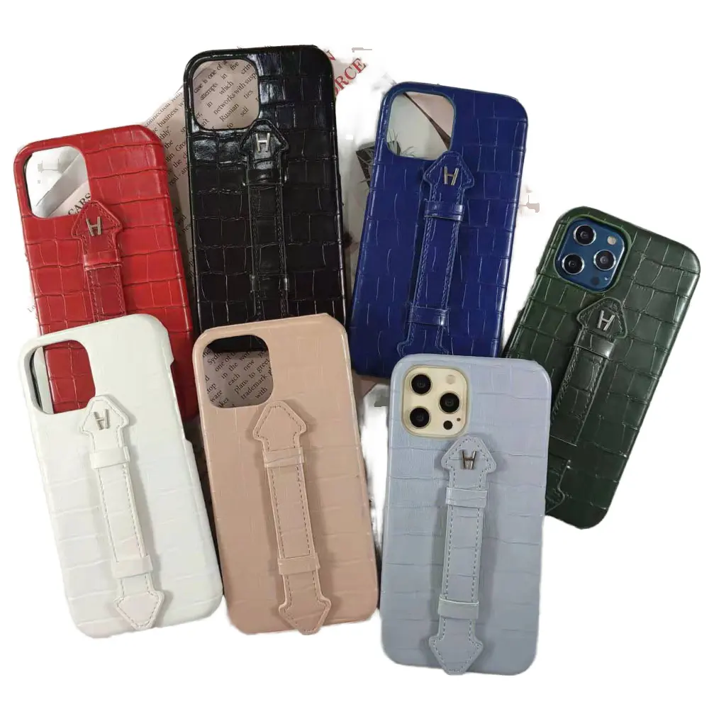 Leather Embossed Crocodile Texture Leather Mobile Cell Phone cases with hand handle for iphone 14 15 pro max protective case