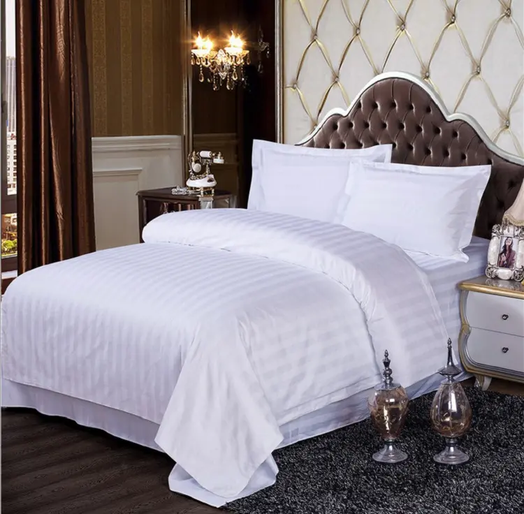 100% cotton white satin strip 5 star hotel bed linen set Full bed