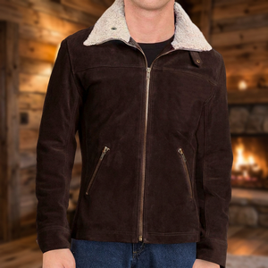 <b>Men's</b> Brown <b>Suede</b> Biker <b>Jacket</b> Polyester Lining Windproof Breathable Zipper Closure Stand Collar Winter Moto Coat Slim Fit - Product Image 3