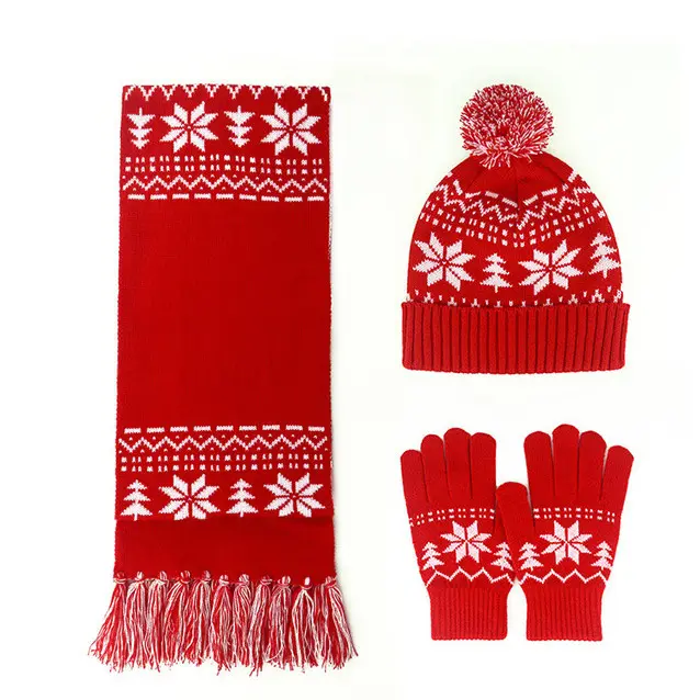 custom women acrylic snow jacquard knit hat scarf and gloves set