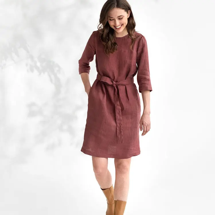 Giá bán buôn Beatiful cotton linen vải chất liệu mặc giản dị áo sơ mi Dresses đối với phụ nữ