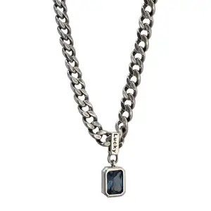 Wholesale Lucky Navy Blue Zircon Clavicle Necklace Hip-Hop Small Square Pendant Silver Cuban Chain Necklace For Women Girls