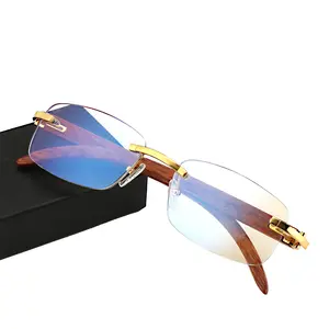 Kacamata Tanpa Bingkai Emas Kayu Pria, Kacamata Rim Optik Ringan Anti Biru dengan Bingkai Kacamata Resep