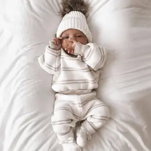 RTS atacado bebê outono inverno camisola estriada cinza e branco patchwork malha listras roupas do bebê